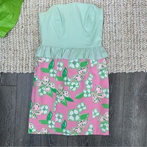 Lilly Pulitzer Lowe Strapless Mini Dress Pretty Pink Peplum Green Seersucker 4